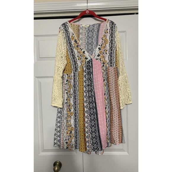 Kori America Patchwork Print Floral Babydoll Lace Sleeve Fairy Boho Cottage Med - Picture 2 of 9